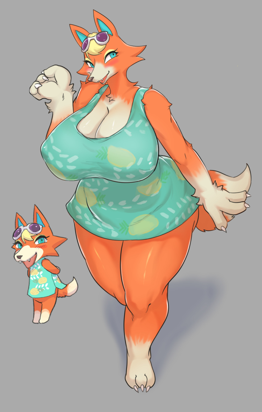 2020 3_fingers absurd_res animal_crossing anthro audie_(animal_crossing) big_breasts blue_eyes blush breasts canid canine canis clothed clothing curvy_figure eyewear female fingers fur grey_background hi_res huge_breasts kemono mammal nintendo orange_body orange_fur overweight simple_background slightly_chubby solo sunglasses sususuigi thick_thighs video_games voluptuous wolf