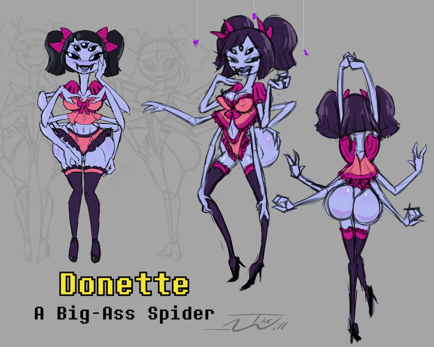 3_fingers 5:4 5_eyes 6_arms alternate_universe arachnid arthropod big_butt bow butt clothing fangs female fingers footwear frill_(disambiguation) high_heels humanoid licking licking_lips muffet multi_arm multi_eye multi_limb pigtails shoes spider thewill tongue tongue_out under(her)tail undertale video_games