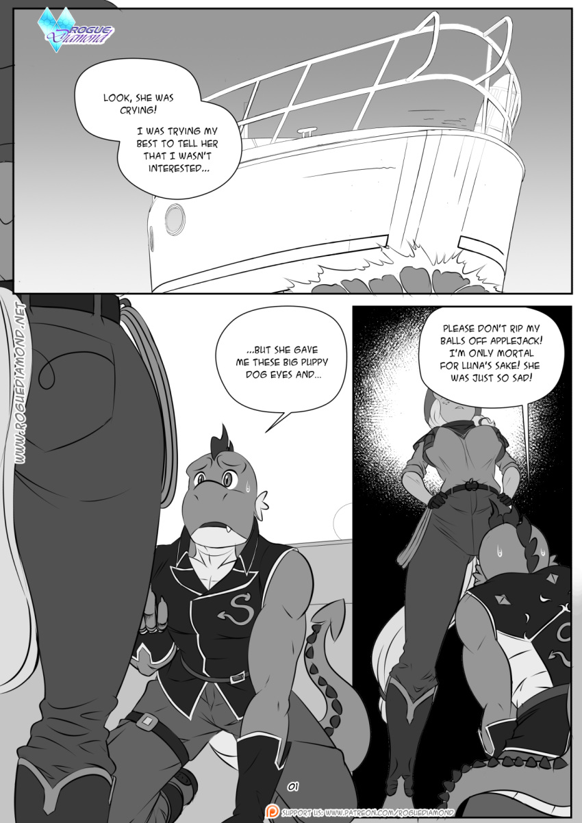 2020 anthro anthrofied applejack_(mlp) boat clothing comic dialogue dragon english_text equid equine female friendship_is_magic hi_res horse low-angle_view male mammal monochrome my_little_pony pia-sama pony spike_(mlp) text vehicle watercraft worm's-eye_view