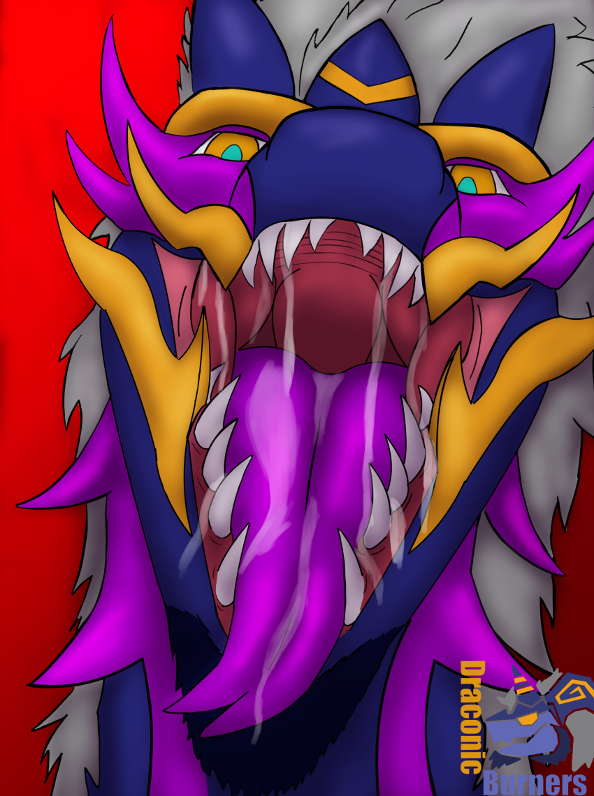 absurd_res beard bodily_fluids draconic_burners dragon facial_hair fangs feral glowing glowing_eyes hair hi_res horn looking_at_viewer male male_pred markings mouth_shot open_mouth saliva saliva_on_tongue saliva_string seyia solo tongue tongue_out vore white_hair