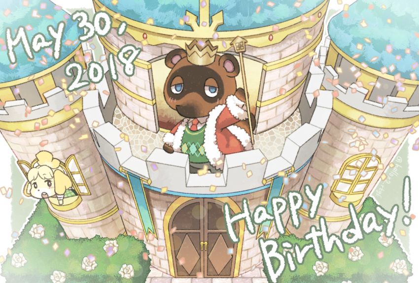 2018 animal_crossing blush brown_body brown_fur canid canine canis castle clothing crown detailed_background domestic_dog duo fur hellox2 isabelle_(animal_crossing) mammal necktie nintendo raccoon_dog shirt slightly_chubby tanuki text tom_nook_(animal_crossing) topwear video_games