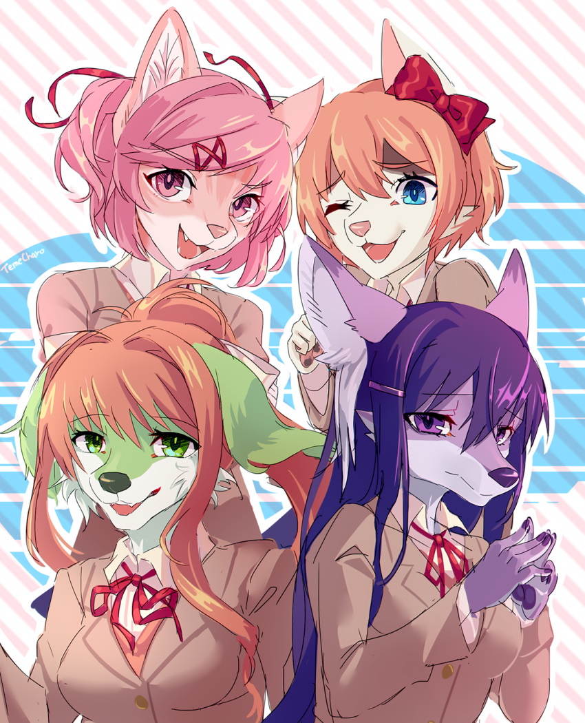 2018 accessory alternate_species anthro blue_eyes breasts canid canine cute_fangs doki_doki_literature_club! female fox group hair hair_accessory hairclip happy hi_res looking_at_viewer mammal monika_(doki_doki_literature_club!) natsuki_(doki_doki_literature_club!) open_mouth pawpads pink_hair purple_eyes ribbons sad sayori_(doki_doki_literature_club!) short_hair smile temecharo video_games visual_novel yuri_(doki_doki_literature_club!)