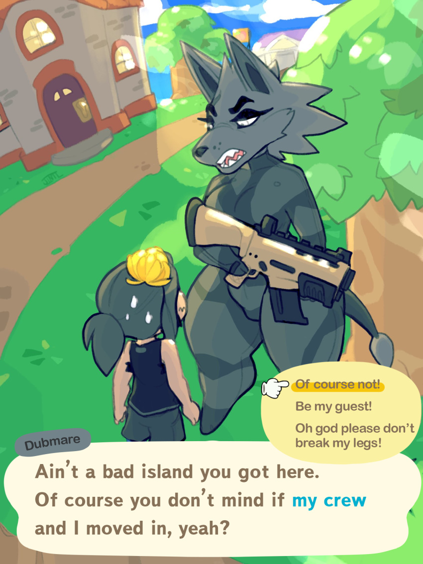 animal_crossing anthro bodily_fluids breasts canid canine clothed clothing curvy_figure digital_media_(artwork) dubmare edit english_text female gun hair hi_res human jinti_(artist) larger_female male mammal nintendo open_mouth outside ranged_weapon size_difference smaller_male standing sweat text thick_thighs tree video_games villager_(animal_crossing) voluptuous weapon