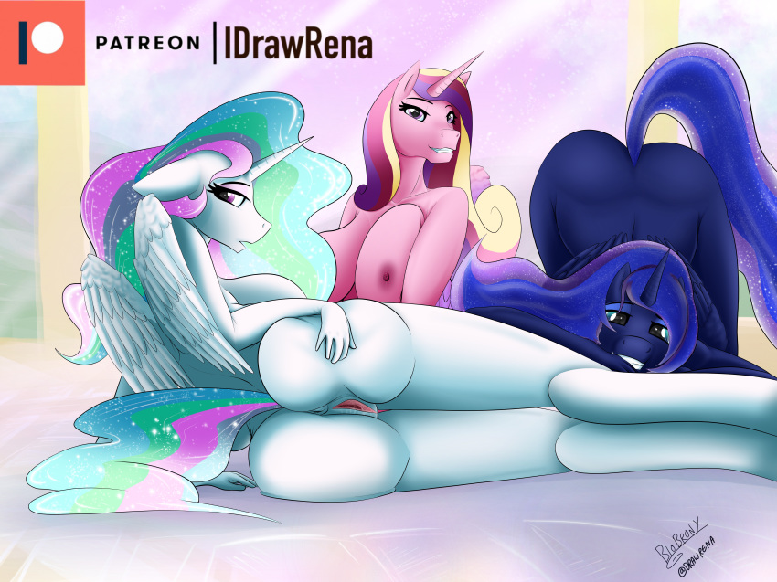 absurd_res anthro ass_up big_breasts big_butt biobrony breasts butt equid female friendship_is_magic genitals group hi_res horn looking_at_viewer lying mammal my_little_pony nude on_side princess_cadance_(mlp) princess_celestia_(mlp) princess_luna_(mlp) pussy sibling sister sisters spread_butt spreading winged_unicorn wings