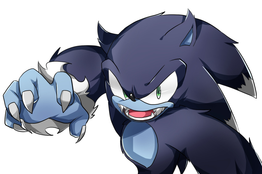 2016 3:2 anthro blue_body blue_fur blue_skin claws eulipotyphlan fur green_eyes grey_body grey_fur hi_res male mammal mtwb1210 open_mouth sharp_teeth simple_background solo sonic_the_hedgehog_(series) sonic_the_werehog sonic_unleashed teeth were wereeulipotyphlan werehog white_background