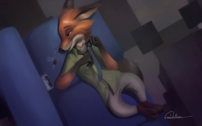 16:10 2019 anthro bird's-eye_view bottomwear canid canine cellphone clothed clothing darkanine121212 disney fox fully_clothed fur furniture high-angle_view inside lying male mammal necktie nick_wilde on_back orange_body orange_fur pants phone red_fox shirt smile sofa solo topwear widescreen zootopia