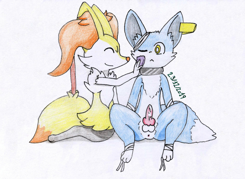 anthro anus balls bodily_fluids braixen canid canine cobalt-kun cum duo erection genital_fluids genitals hi_res knot male mammal nintendo penis pok&eacute;mon pok&eacute;mon_(species) video_games