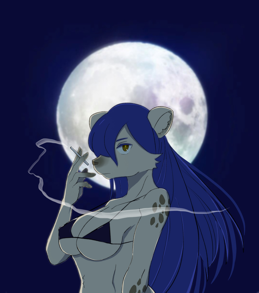2020 absurd_res anthro blue_hair cigarette clothed clothing elza_(ishuzoku_reviewers) female hair hi_res holding_cigarette hyaenid ishuzoku_reviewers looking_at_viewer mammal moon nipple_outline skimpy smoking solo spots spotted_body supasars742
