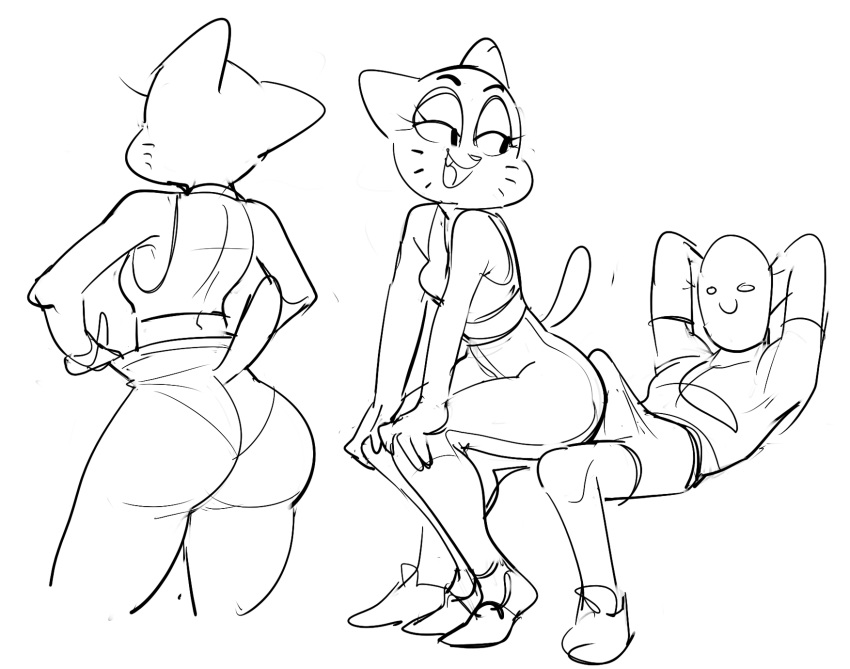 anthro butt cartoon_network clothing dbaru duo erection female hi_res hot_dogging human looking_back male male/female mammal monochrome nicole_watterson smile the_amazing_world_of_gumball through_clothing tight_clothing