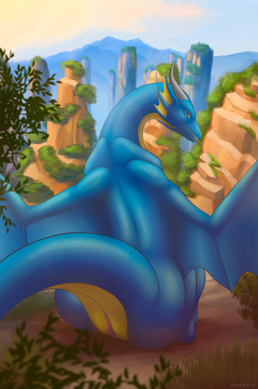 2020 absurd_res bitemylip blue_body blue_eyes blue_scales day detailed_background digital_media_(artwork) dragon female feral genitals grass hi_res horn looking_at_viewer looking_back membrane_(anatomy) membranous_wings outside pussy scales scalie sky solo western_dragon wings