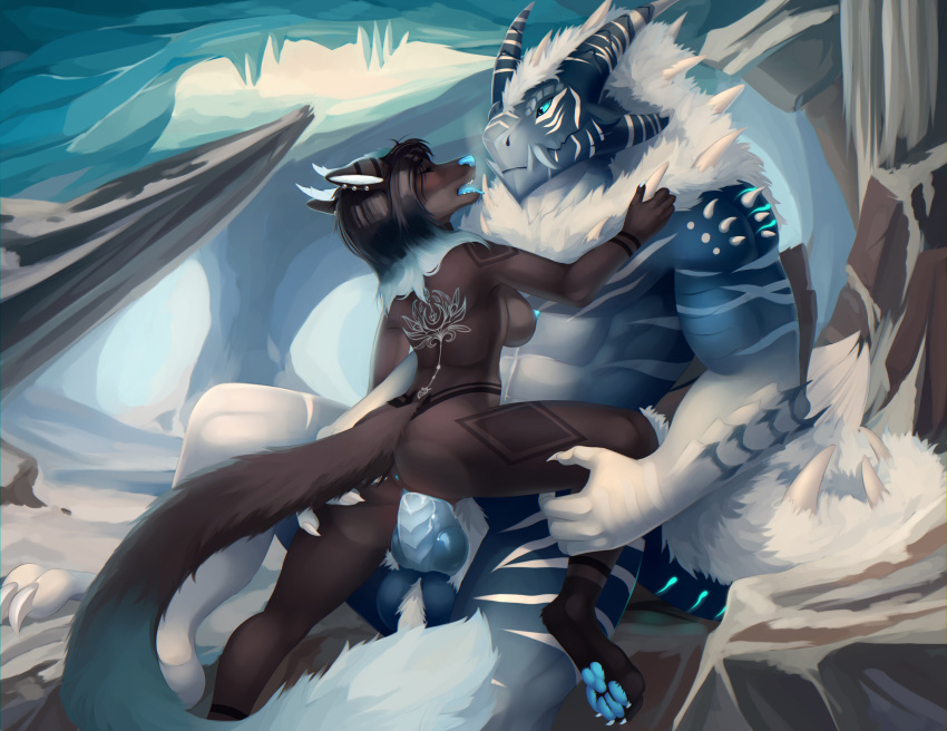 anthro anthro_on_anthro anthro_penetrated anthro_penetrating anthro_penetrating_anthro black_body black_fur blue_body blue_fur blue_nose blue_paws breasts canid canine canis cave duo female female_penetrated fur genitals hi_res holding_(disambiguation) horn ice knot larger_male male male/female male_penetrating male_penetrating_female mammal markings merrunz muscular nude penetration penis pussy sex side_boob sitting size_difference snow wolf