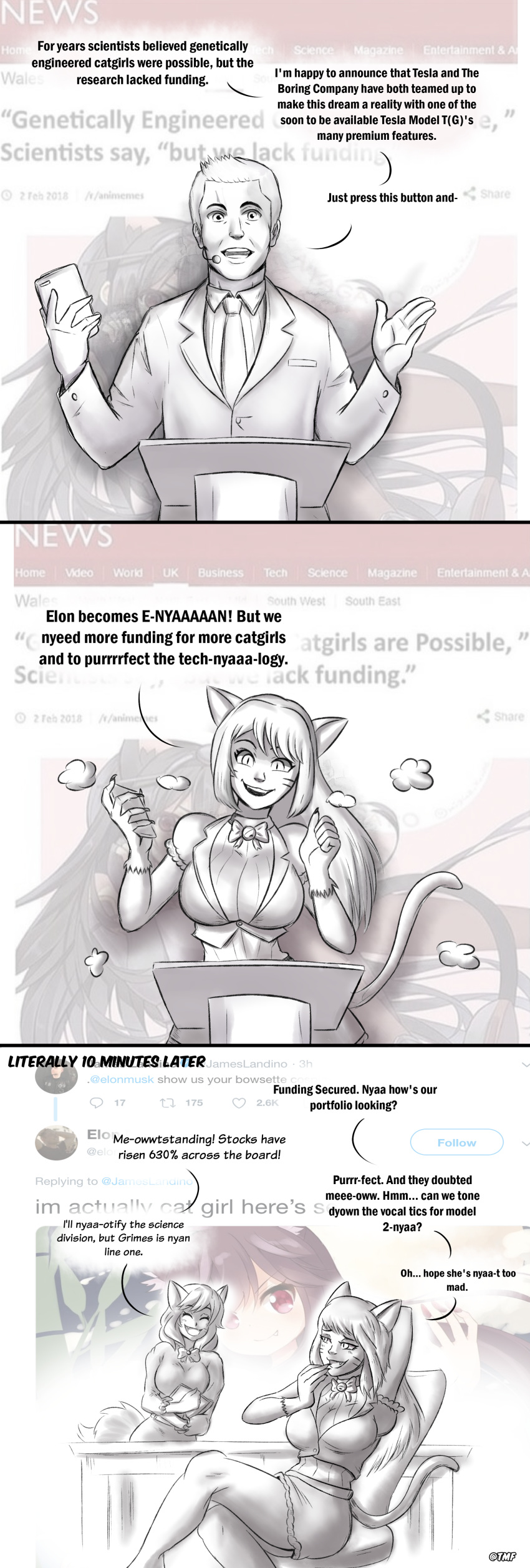 2018 absurd_res alternate_species animal_humanoid bbc big_breasts bottomwear breast_growth breasts business_suit cat_humanoid clothing crossgender dialogue duo elon_musk english_text facial_markings felid felid_humanoid feline feline_humanoid female gender_transformation hair head_markings hi_res human human_to_humanoid humanoid long_hair looking_at_viewer male mammal mammal_humanoid markings microphone mtf_transformation necktie phone sitting skirt smile suit tail_growth text themightfenek transformation