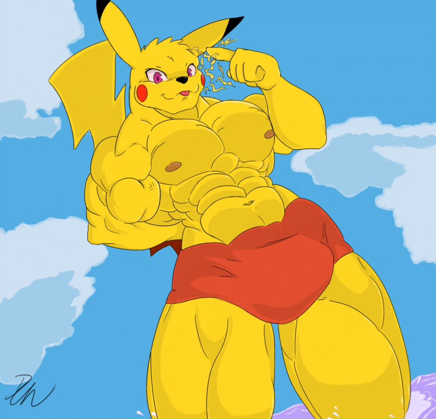 abs anthro biceps big_biceps big_muscles big_pecs bulge clothing dipstick_ears disneyishchimera electricity fur hi_res male multicolored_ears muscular muscular_male navel nintendo pecs pikachu pok&eacute;mon pok&eacute;mon_(species) smile solo solo_focus sparks speedo swimwear thick_neck thick_thighs tongue tongue_out vein video_games yellow_body yellow_fur