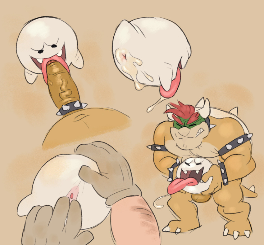 accessory ambiguous_gender anal anal_penetration anthro anus balls bodily_fluids boo_(mario) bowser bunbunny_(artist) butt cock_ring cum cum_in_ass cum_inside drooling duo erection genital_fluids genitals humanoid_genitalia humanoid_penis jewelry koopa larger_male licking looking_pleasured male male/ambiguous mario_bros nintendo oral penetration penis penis_accessory penis_jewelry saliva scalie simple_background size_difference smaller_ambiguous spiked_cock_ring spikes spirit spread_anus spreading tan_background tongue tongue_out video_games white_body yellow_body