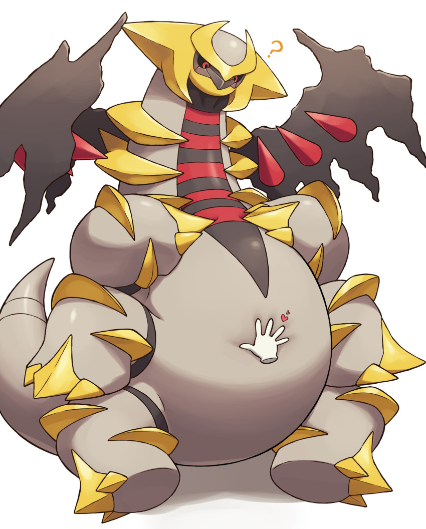 &lt;3 ? altered_forme_giratina ambiguous_gender belly belly_grab black_sclera disembodied_hand duo giratina grey_body hi_res legendary_pok&eacute;mon multi_leg multi_limb nintendo on_ice_(artist) pok&eacute;mon pok&eacute;mon_(species) red_eyes simple_background video_games white_background wings