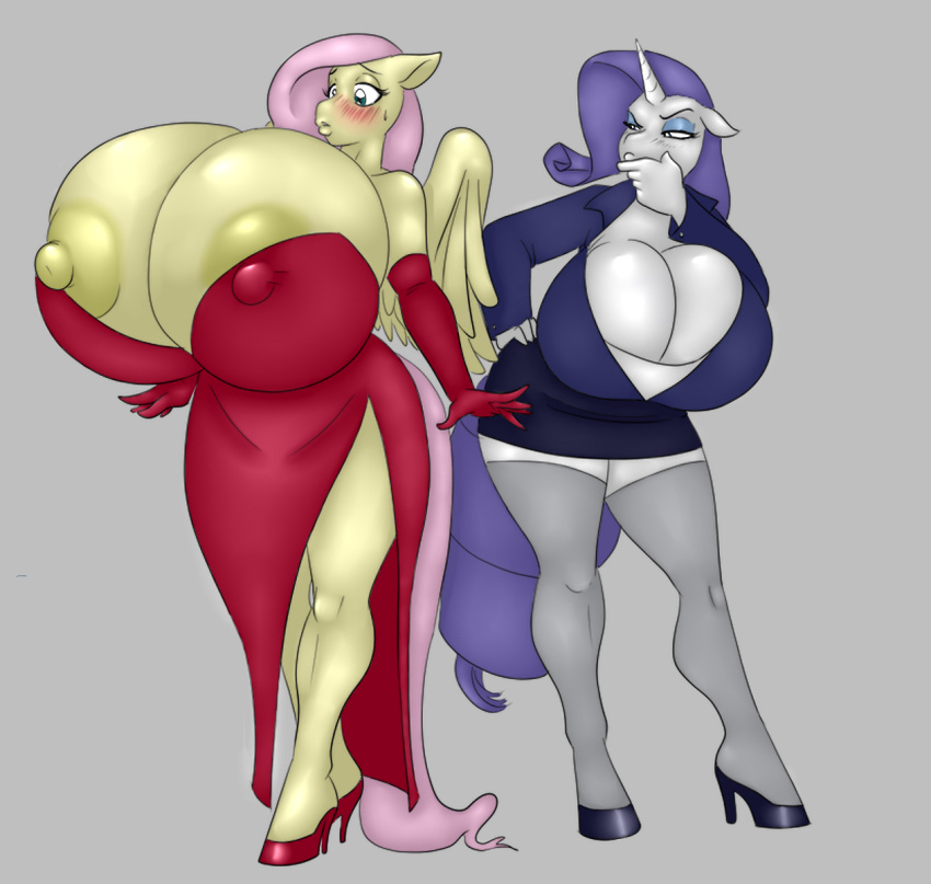 anthro areola big_breasts blush breasts cleavage clothed clothing dress equid equine female fluttershy_(mlp) friendship_is_magic hi_res horn huge_breasts hyper hyper_breasts hyperstorm_h mammal marauder6272 my_little_pony pterippus rarity_(mlp) unicorn wings