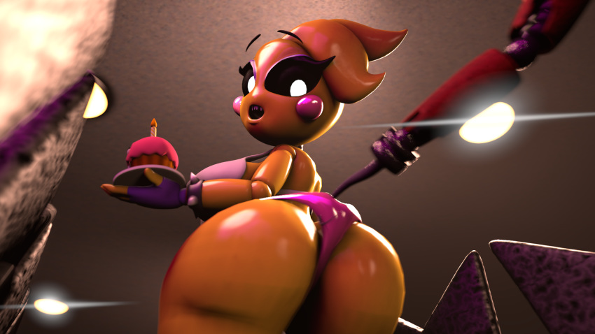 16:9 3d_(artwork) animatronic anthro avian big_butt black_sclera bracelet breasts butt cake clothing cupcake detailed_background digital_media_(artwork) female fingerless_gloves five_nights_at_freddy's five_nights_at_freddy's_2 food foxy_(fnaf) gloves half-closed_eyes hand_on_breast handwear hat headgear headwear hi_res hook hook_hand humanoid jewelry kneeling legwear looking_at_viewer looking_back machine narrowed_eyes pattern_clothing robot seductive solo spiked_bracelet spikes striped_clothing stripes surprised_expression tattoo thick_thighs toy_chica_(fnaf) tramp_stamp unknown_artist video_games widescreen