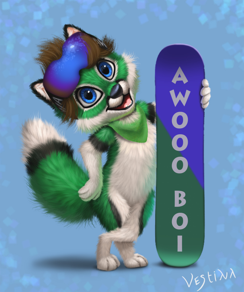 absurd_res anthro canid canine chibi fluffy fluffy_tail fox hi_res jibkodi_(character) looking_at_viewer male mammal snowboard solo vestina