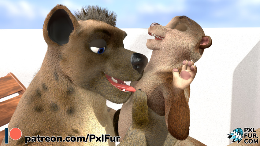 16:9 2020 3d_(artwork) anthro anthro_on_anthro biped blue_eyes brown_hair detailed_background digital_media_(artwork) duo fur green_eyes hair hi_res hyaenid interspecies larger_male licking lutrine male male/male mammal mohawk_(hairstyle) muscular muscular_male mustelid nipple_fetish nipple_lick nipple_play nipples nude outside pxlfur size_difference smaller_male tongue tongue_out watermark widescreen