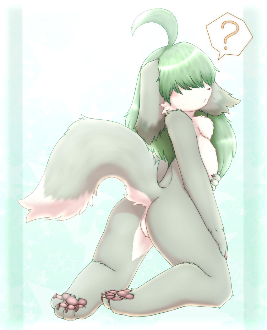4_toes ? ahoge ambiguous_gender anthro black_nose canid canine canis cheek_tuft chest_tuft claws countershading digitigrade dipstick_tail domestic_dog facial_tuft featureless_crotch floppy_ears fluffy fluffy_tail fur green_hair grey_body grey_fur hair hair_over_eyes hazukikai hi_res hindpaw kemono kneeling long_ears long_hair looking_back mammal multi_nipple multicolored_body multicolored_fur multicolored_tail nipples nude pawpads paws pictographics pink_pawpads rear_view simple_background solo speech_bubble toe_claws toes tuft two_tone_body two_tone_fur white_background white_body white_countershading white_fur
