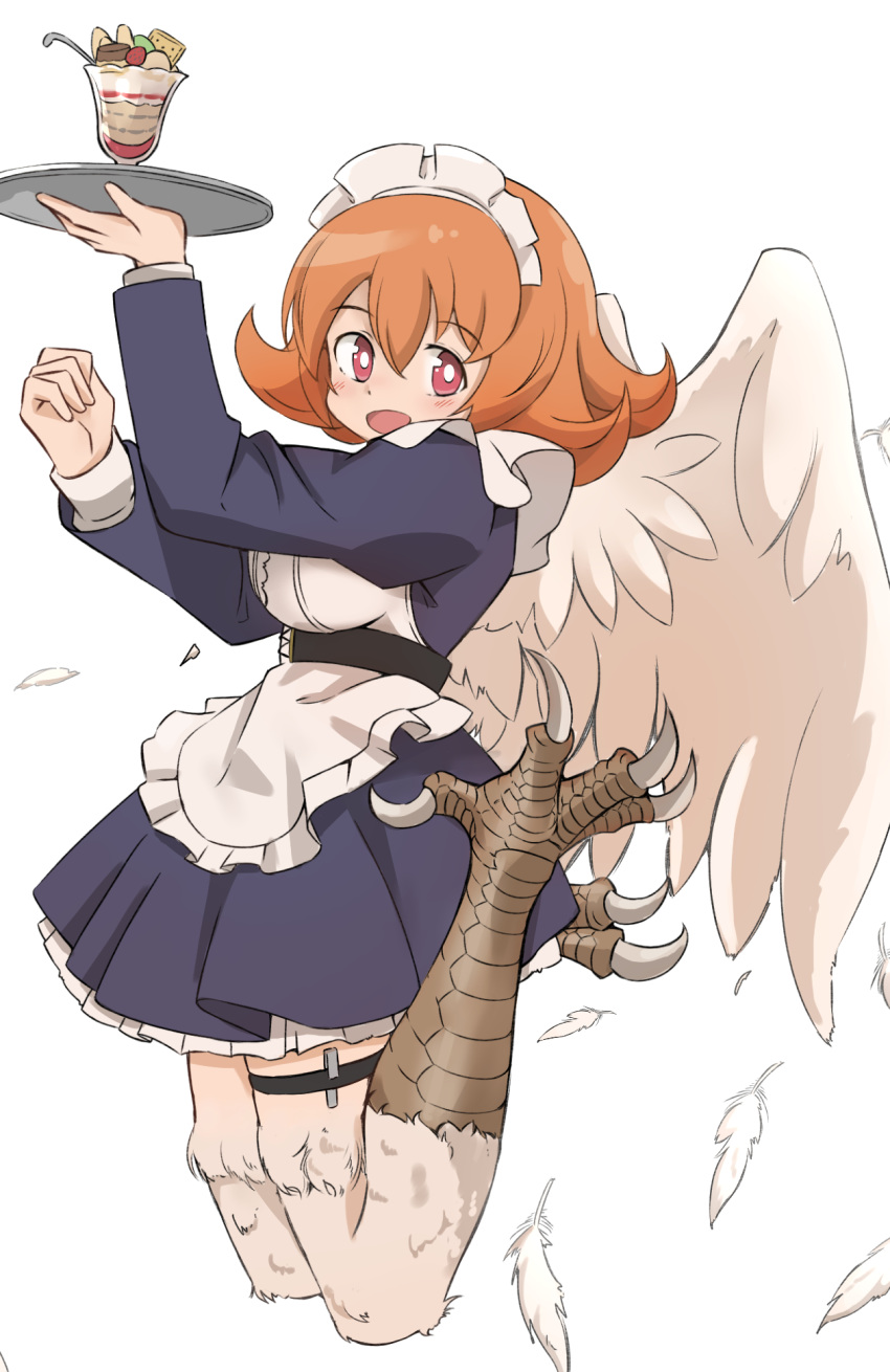 animal_humanoid apron avian avian_humanoid breasts clothed clothing feathers female food frilly frilly_apron frilly_clothing hair hi_res holding_object holding_tray humanoid iris ishuzoku_reviewers kgo_(pixiv) meidri monotone_wings open_mouth orange_hair scutes simple_background solo talons tray white_background white_pupils winged_humanoid wings