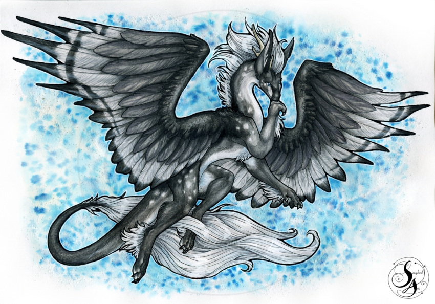 2020 dragon feathered_dragon feathered_wings feathers fur furred_dragon hair natoli paws traditional_media_(artwork) white_hair wings