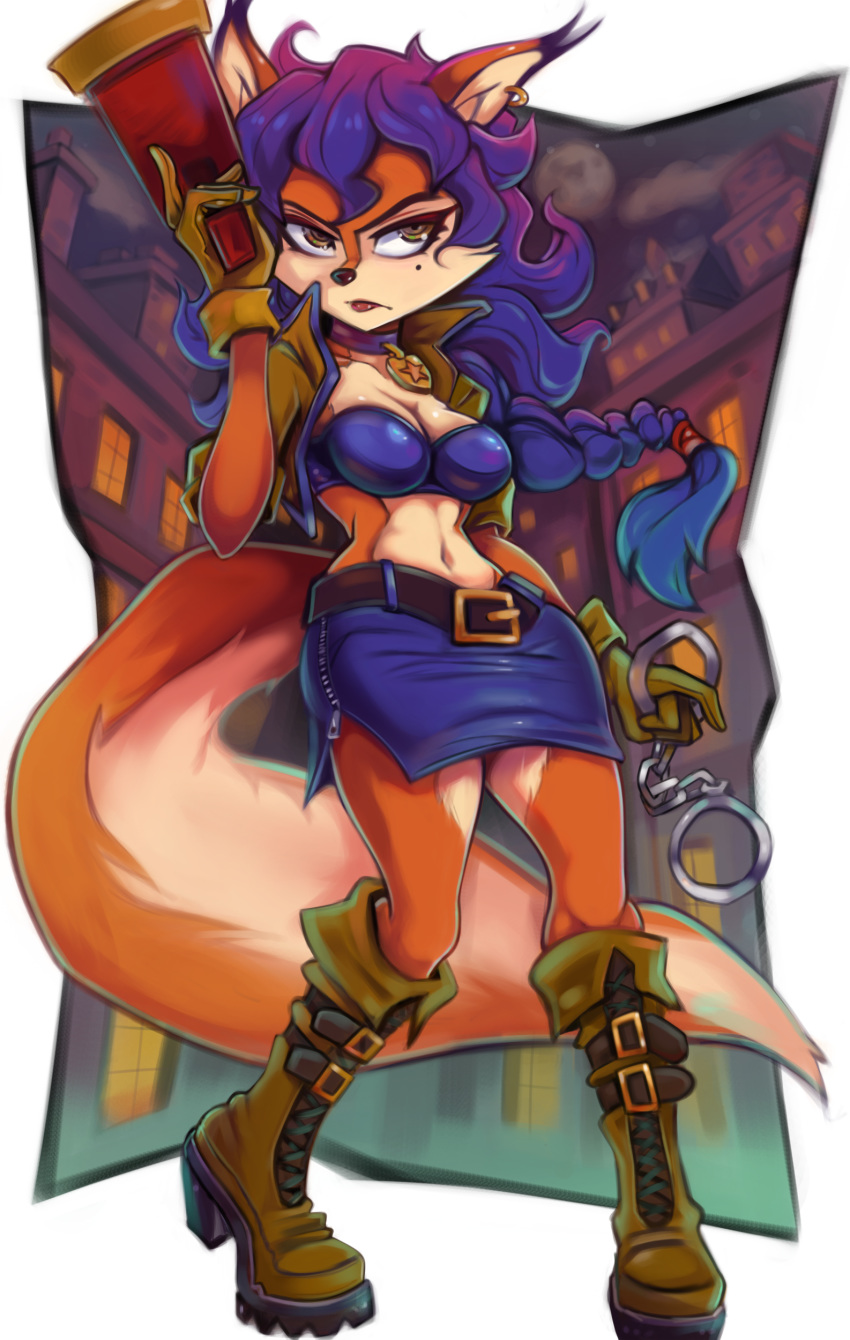 2019 absurd_res anthro beauty_mark blue_hair boots breasts brown_eyes building canid canine carmelita_fox clothing cloud female footwear fox full_moon gloves gun hair handcuffs handgun handwear hi_res jacket long_hair mammal moon navel ranged_weapon shackles sly_cooper_(series) solo sony_corporation sony_interactive_entertainment sucker_punch_productions toastyscones topwear video_games weapon