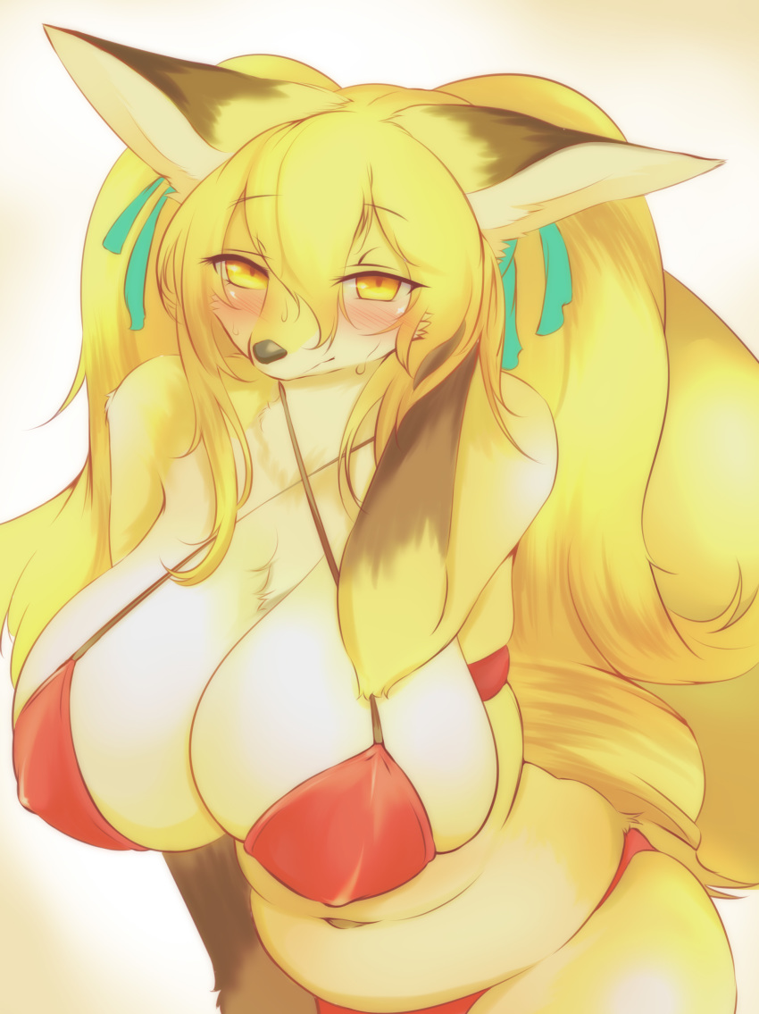 2020 absurd_res anthro big_breasts bikini blush breasts canid canine clothing female fur ginko0101 hair hi_res kemono looking_at_viewer mammal solo swimwear