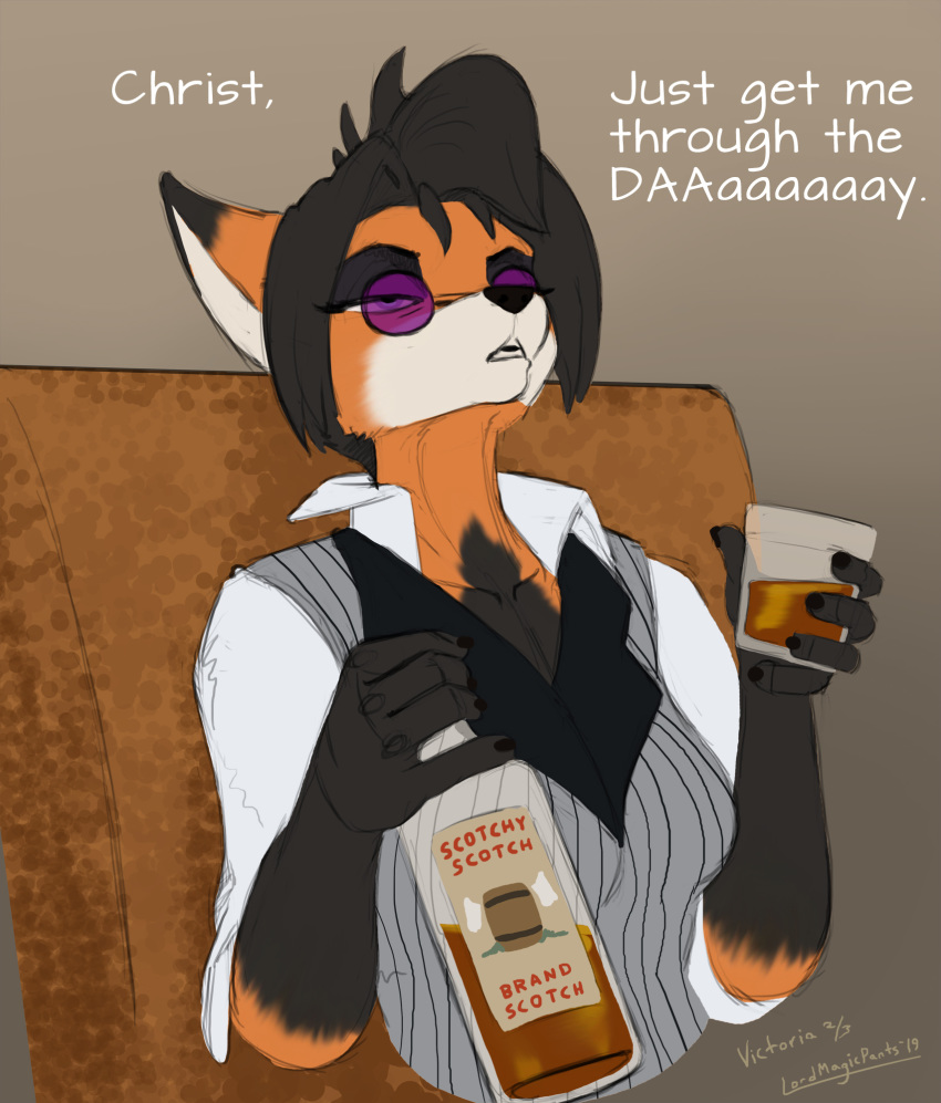 2019 alcohol anthro beverage bottle breasts canid canine chair clothing dialogue eyewear female fox furniture glasses hair herm_(lore) hi_res holding_bottle holding_glass holding_object lord_magicpants mammal open_mouth short_hair solo unprofessional_behavior victoria_(ibengmainee) whiskey