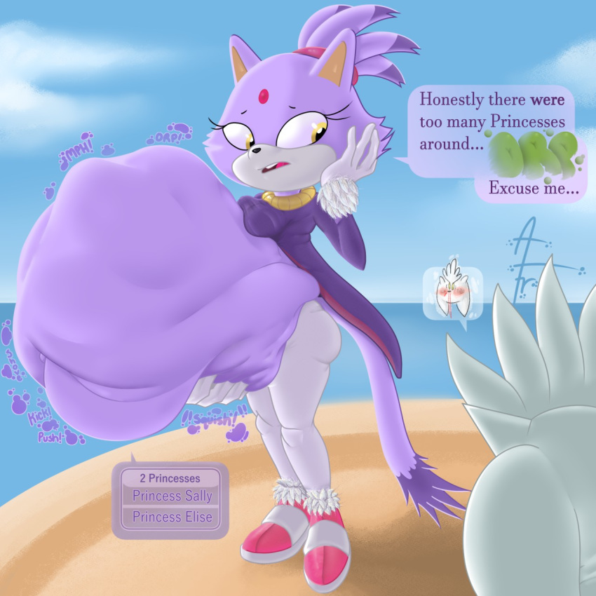 1:1 afraart anthro beach belly big_belly blaze_the_cat boots bottomwear breasts butt clothing digestion domestic_cat english_text eulipotyphlan felid feline felis female female_pred footwear gloves group handwear hedgehog hi_res male mammal midriff onomatopoeia overweight pants purple_body seaside silver_the_hedgehog simple_background sonic_the_hedgehog_(series) sound_effects speech_bubble text vore yellow_sclera