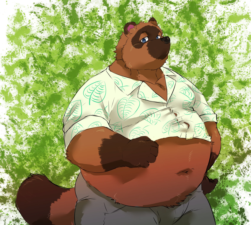 2020 absurd_res animal_crossing anthro belly blue_eyes brown_body brown_fur canid canine clothing fur hi_res kemono lost_out_gi male mammal navel nintendo overweight overweight_male raccoon_dog shirt solo tanuki tom_nook_(animal_crossing) topwear video_games