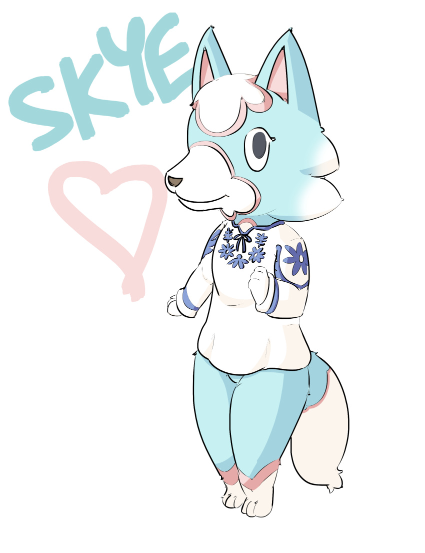&lt;3 absurd_res animal_crossing anthro blue_body blue_fur bottomless canid canine canis clothed clothing dayynieldoodle digital_media_(artwork) dress female fur hi_res mammal nintendo paws pink_body pink_fur simple_background skye_(animal_crossing) smile solo standing text video_games wolf