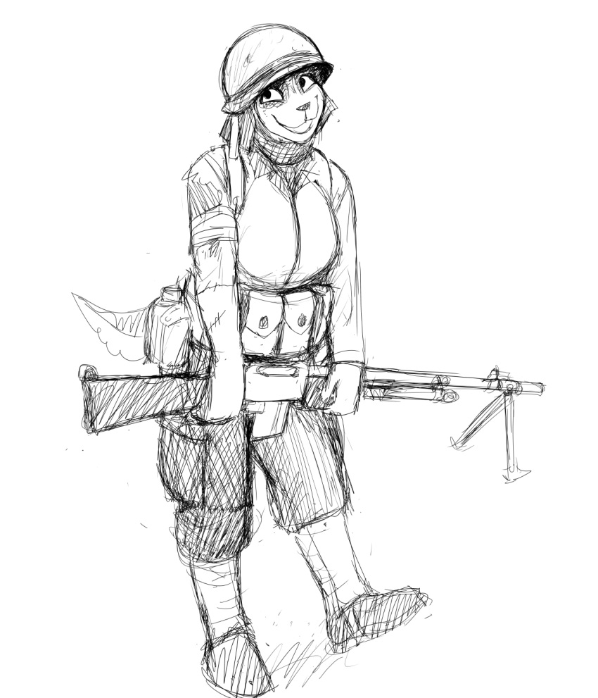 2020 armor assault_rifle belt black_and_white canid canine canis canteen clothed clothing combat_helmet domestic_dog female gun headgear helmet hi_res hladilnik holding_gun holding_object holding_weapon looking_at_viewer mammal military military_uniform monochrome portrait ranged_weapon rifle samantha_thott simple_background smile solo standing uniform utility_belt weapon white_background