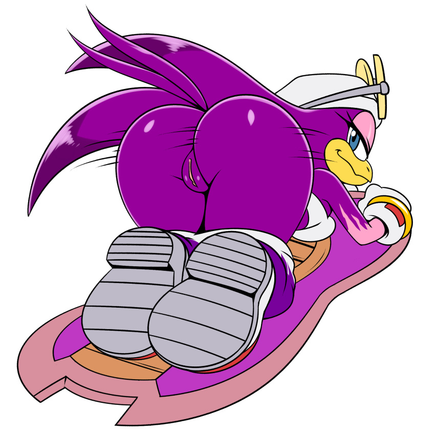 2020 anthro avian beak bent_over bird blue_eyes bottomless butt clothed clothing eyelashes eyeshadow eyewear female genitals hi_res hirundinid hyoumaru looking_at_viewer looking_back makeup mooning pants_down partially_clothed pink_eyeshadow presenting presenting_hindquarters purple_body pussy simple_background solo sonic_riders sonic_the_hedgehog_(series) sunglasses swallow_(bird) wave_the_swallow white_background yellow_beak