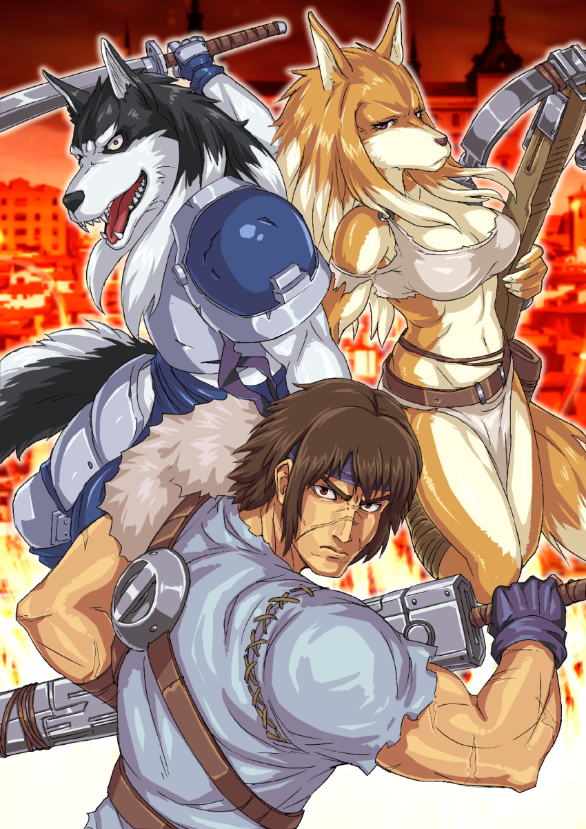 ain_macdougal anthro blue_clothing breasts brian_stelbart canid canine canis clothed clothing crossbow dora_systeel fangs feda:_the_emblem_of_justice female fox fur group hair hi_res holding_crossbow holding_object holding_sword holding_weapon honma_(artist) human leg_wraps loincloth looking_at_viewer male mammal melee_weapon muscular muscular_male navel open_mouth ranged_weapon scar sharp_teeth shoulder_guard sword teeth tongue weapon wolf wraps