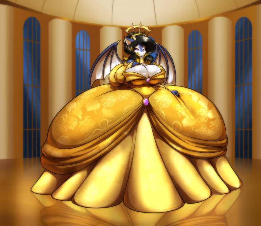 anthro ballroom_gown big_breasts breasts cleavage clothed clothing crown dragon dress female fully_clothed gown huge_breasts membrane_(anatomy) membranous_wings non-mammal_breasts purple_eyes solo swissy toughset window wings