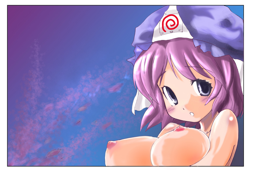 breasts game_console hat huge_breasts nipples pink_hair saigyouji_yuyuko sega_dreamcast short_hair solo takara_akihito touhou