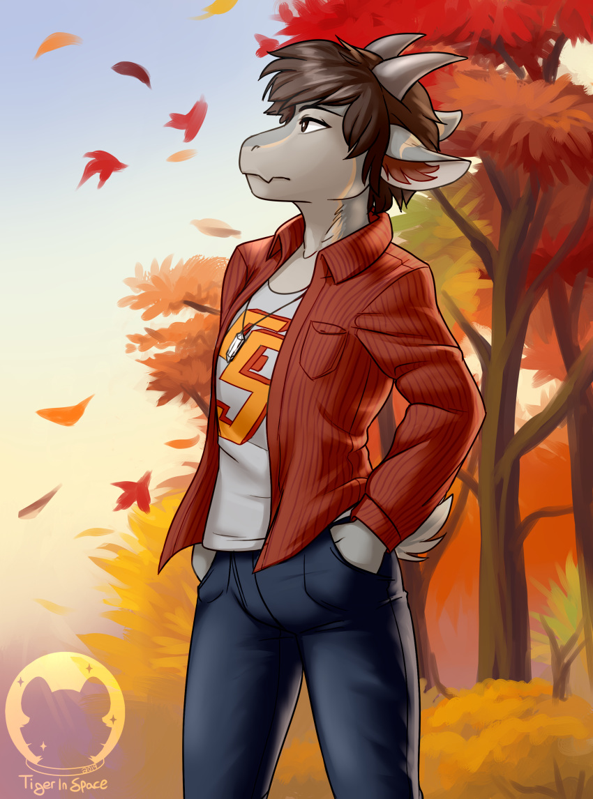 absurd_res anthro autumn bottomwear bovid brown_hair caprine clothing ezra_(torgore) falling_leaves flannel fur goat grey_body grey_fur hair hi_res horn jeans jewelry male mammal necklace pants red_leaves solo tigerinspace tree