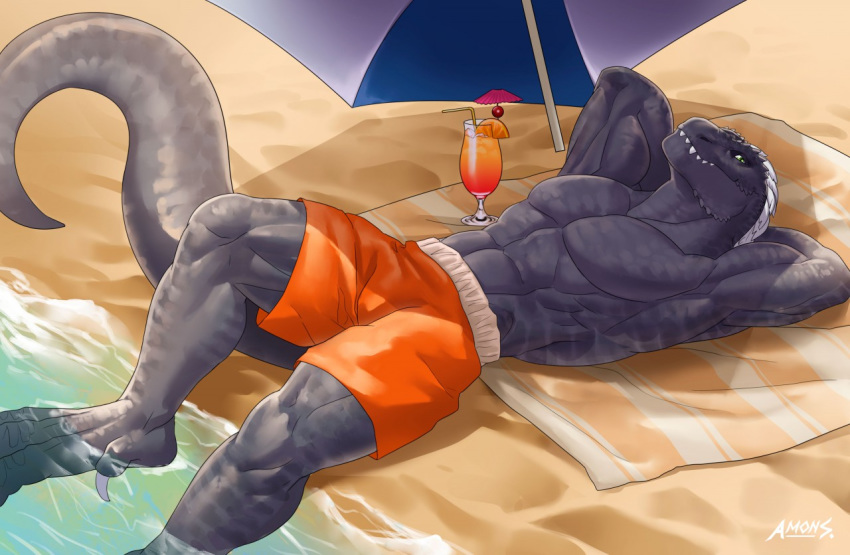 amon-sydonai anthro beach beverage bottomwear clothing dinosaur elaismurnhem_afarman male reptile scalie seaside shorts solo towel umbrella