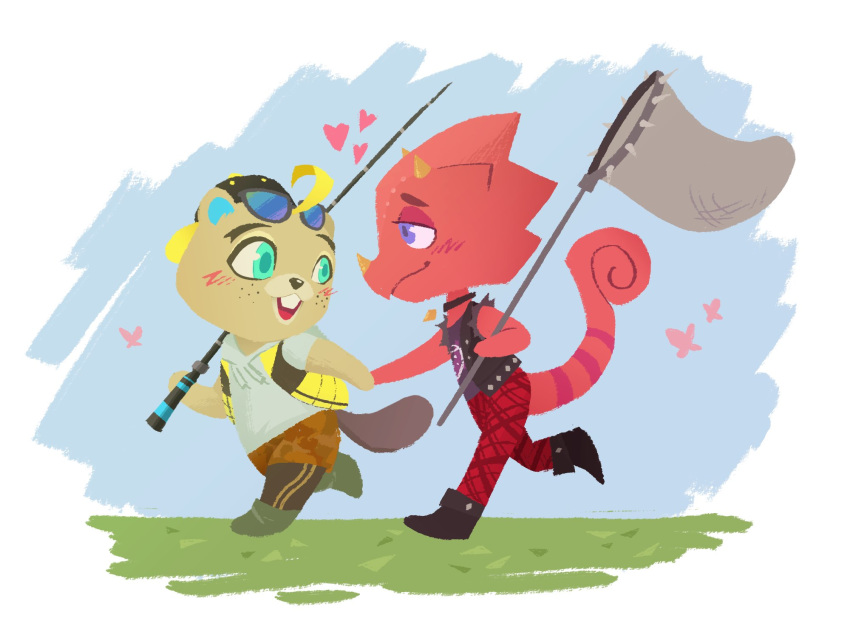 &lt;3 animal_crossing anthro beaver blue_eyes blush bug_net c.j._(animal_crossing) chameleon clothing duo eyewear fishing_rod flick_(animal_crossing) goth hand_holding hat headgear headwear hi_res lizard male male/male mammal nintendo red_body red_scales reptile rodent scales scalie sunglasses tanriika video_games