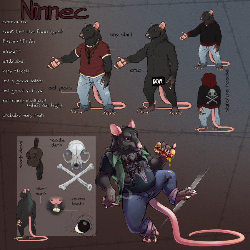 1:1 2020 5_fingers 5_toes anthro black_body black_eyes black_fur bottomwear clothed clothing digital_media_(artwork) drugs english_text fingers food fur hi_res hoodie jeans kevintheradioguy male mammal marijuana model_sheet murid murine ninnec_(kevintheradioguy) nude pants rat rodent shirt smoke smoking solo text toes topwear whiskers