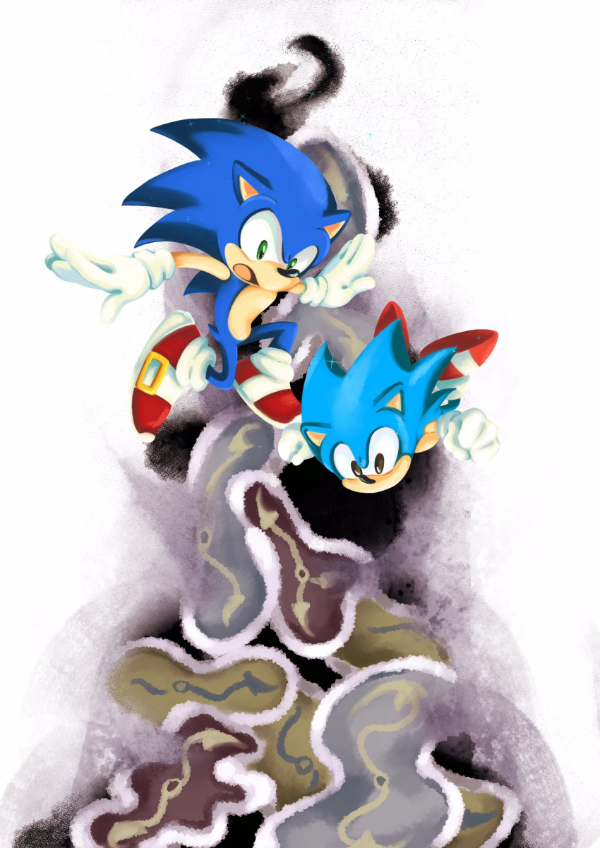 2019 anthro black_eyes blue_body blue_fur classic_sonic classic_sonic_(universe) clock clothing duo eulipotyphlan falling footwear fur gloves green_eyes handwear hedgehog hi_res male mammal mennnntaiko open_mouth shoes simple_background sonic_the_hedgehog sonic_the_hedgehog_(series) square_crossover the_persistence_of_memory white_background