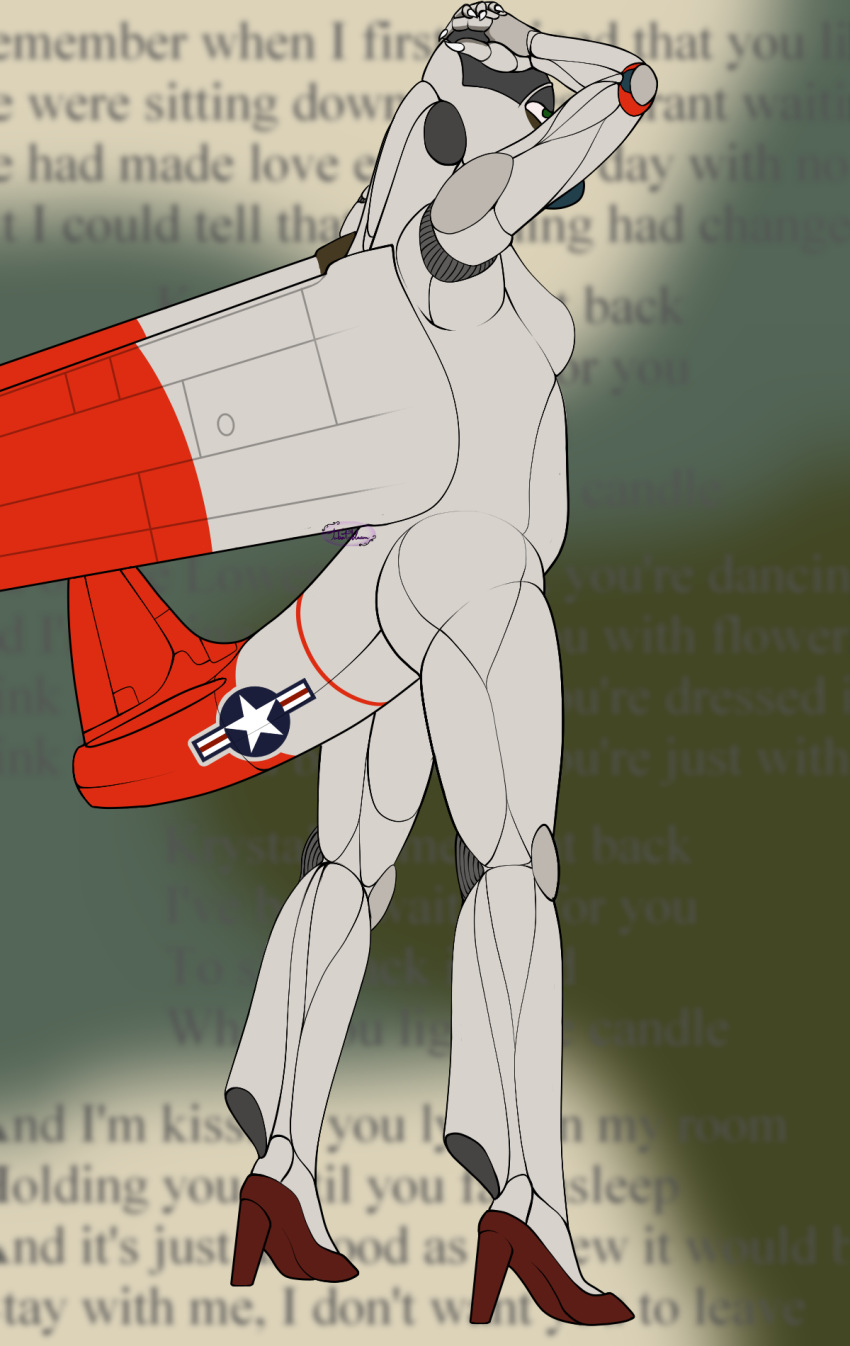 2020 aircraft breasts clothing colored english_text female footwear hi_res high_heels humanoid krystal_the_p80 living_aircraft living_machine living_vehicle looking_forward machine nude p80 raised_arm shoes small_breasts solo song_lyrics standing tabaticbloom text vehicle
