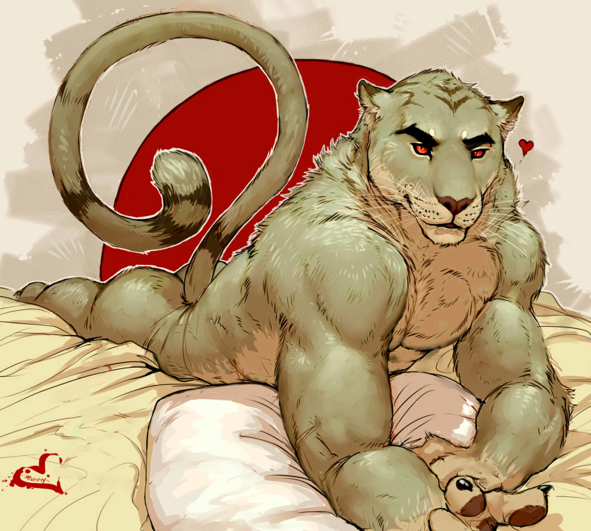 &lt;3 anthro arm_support bed black_claws brown_markings brown_pawpads claws felid fur furniture green_body green_fur hi_res looking_at_viewer lying male mammal markings multicolored_body multicolored_fur muscular muscular_male nude on_bed on_front pantherine pawpads pillow pockyrumz red_eyes signature solo two_tone_body two_tone_fur whiskers