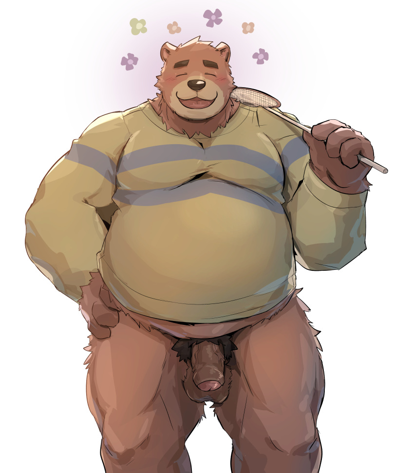 2020 absurd_res animal_crossing anthro balls belly blush clothing eyes_closed flaccid genitals hi_res humanoid_genitalia humanoid_hands humanoid_penis male mammal nintendo overweight overweight_male penis pubes shirt simple_background solo teddy_(animal_crossing) topwear ursid video_games warr white_background