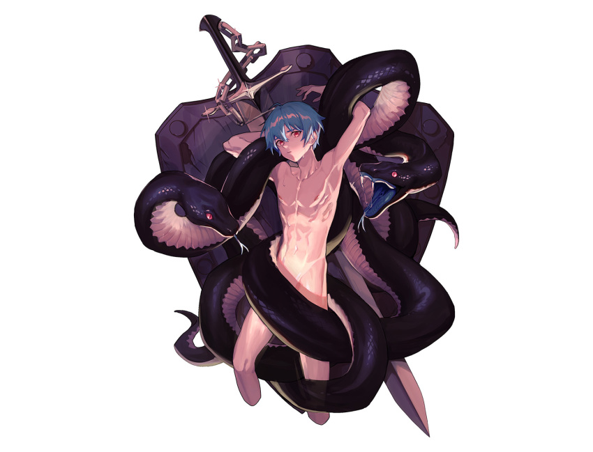 2020 ambiguous_gender biped black_body black_scales blue_hair chain convenient_censorship feral group hair human male mammal melee_weapon mosilll nude red_eyes reptile scales scalie shield simple_background slit_pupils snake sword weapon white_background