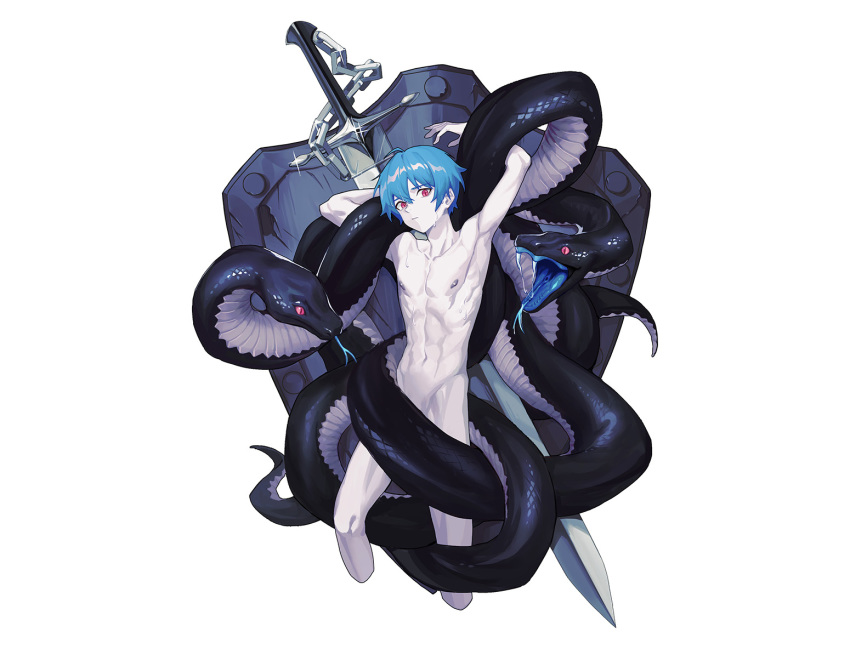 2020 ambiguous_gender black_body black_scales blue_hair convenient_censorship fangs feral group hair human male mammal melee_weapon mosilll nude red_eyes reptile scales scalie shield simple_background snake sword weapon white_background white_body white_skin