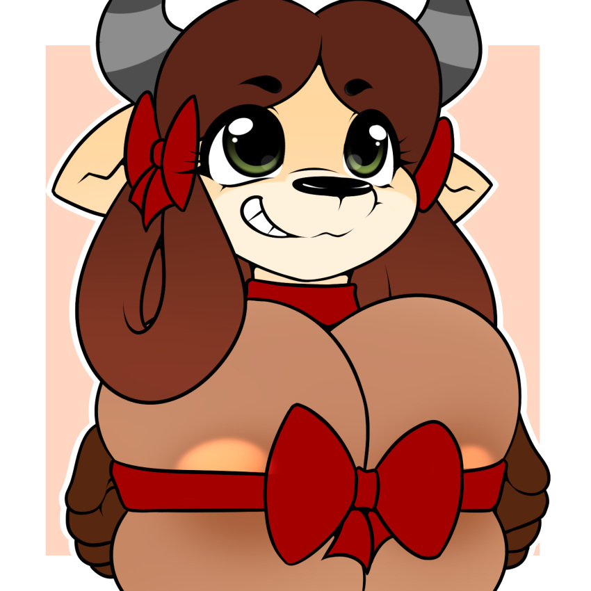 1:1 2019 anthro anthrofied areola big_breasts bovid bovine bow breasts brown_hair cleavage clothed clothing digital_media_(artwork) female friendship_is_magic green_eyes hair hi_res horn kloudmutt mammal my_little_pony pigtails ribbons smile solo yak yona_yak