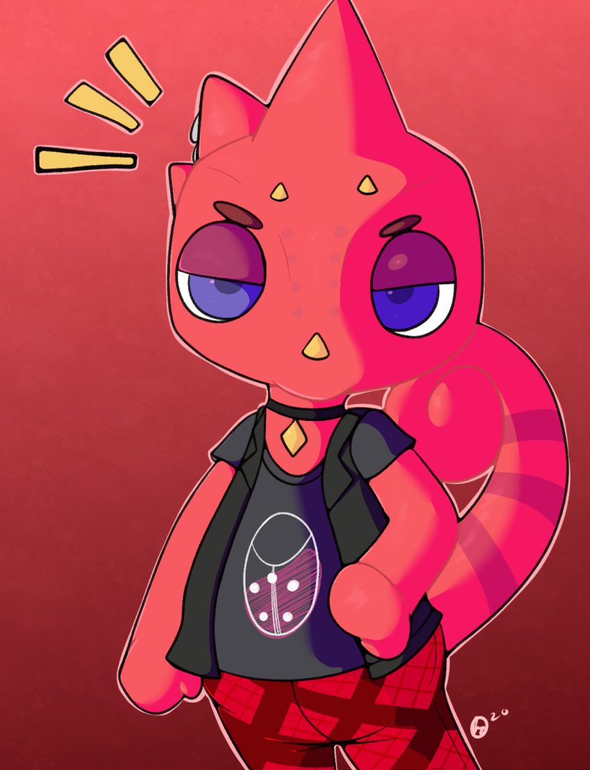 2020 animal_crossing anthro black_clothing black_shirt black_t-shirt black_topwear blue_eyes bottomwear chameleon choker clothed clothing contimplatininspiratio digital_media_(artwork) flick_(animal_crossing) half-closed_eyes hi_res horn jewelry lizard looking_at_viewer male narrowed_eyes necklace nintendo pants piercing red_body red_bottomwear red_clothing red_pants red_scales red_tail reptile scales scalie shirt simple_background solo solo/male standing striped_tail stripes t-shirt topwear video_games