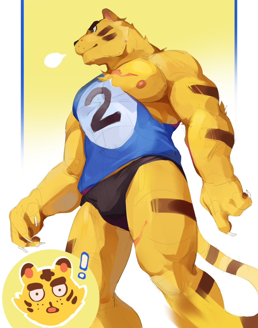 animal_crossing anthro areola clothing felid hi_res hydaus low-angle_view male mammal muscular muscular_male nintendo nipple_slip nipples pantherine pecs shirt solo tank_top tiger topwear torn_clothing torn_shirt torn_topwear tybalt_(animal_crossing) video_games worm's-eye_view